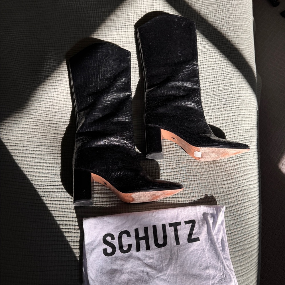 SCHUTZ Maryana Block Crocodile Embossed Leather Western Boots Women 10 Black